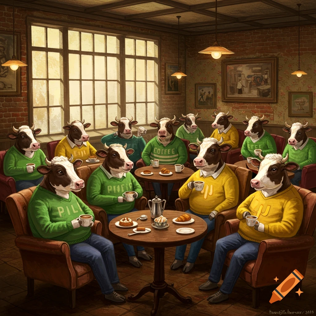 Anthropomorphic cows in green and yellow sweaters socialize over coffee and pastries in a cozy, richly detailed coffee shop.