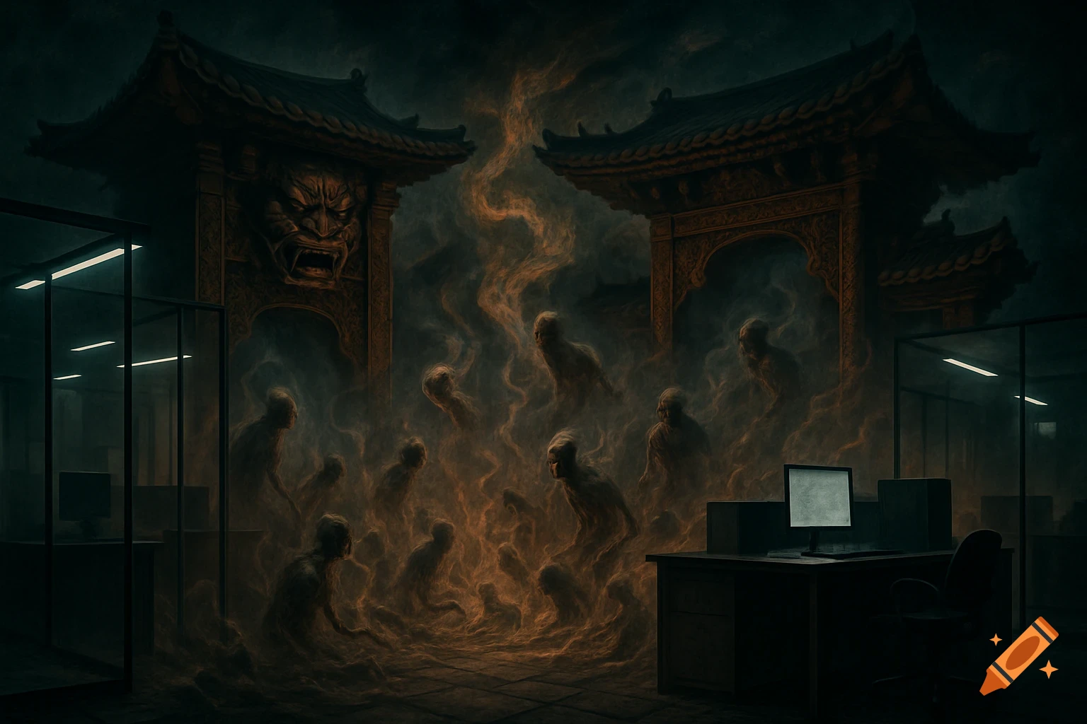 Dark fantasy concept art of a Korean underworld with hell gates and ghostly spirits emerging from a smoky, fiery atmosphere, integrated with modern office desks and computers.