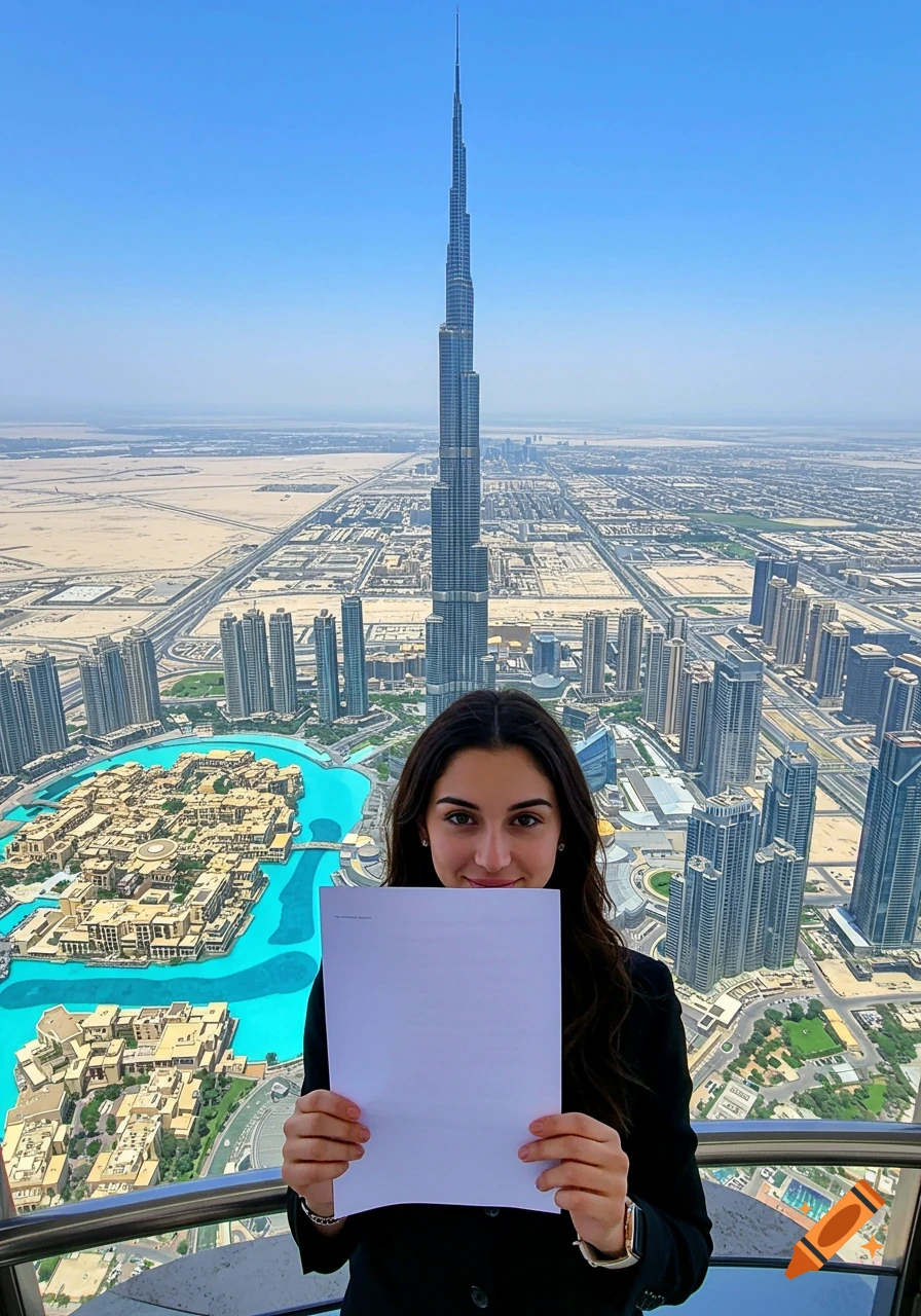 A young woman holds a plain white paper on a high balcony with the Burj Khalifa and Dubai cityscape in the background.