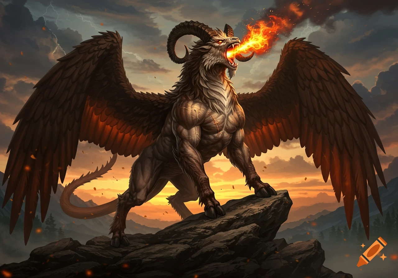 A fierce chimera with a lion's head, goat's horns, and large eagle wings stands on rocky terrain, breathing fire under a dramatic sunset sky.