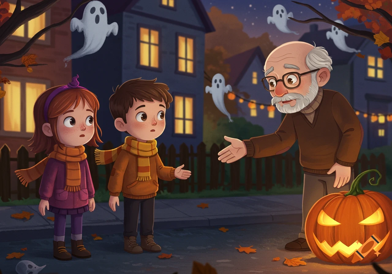 Cartoon scene of a boy and girl in scarves looking at an old man on a sidewalk with a jack-o'-lantern and ghosts on Halloween night.