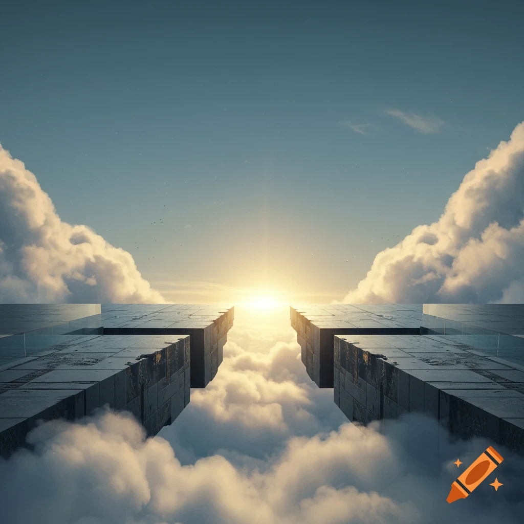 Two futuristic concrete platforms separated by a gap above a sea of clouds, with a bright sun rising between them.