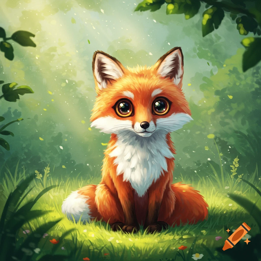 A cute, orange and white fox with large eyes sits in a sun-dappled green forest.