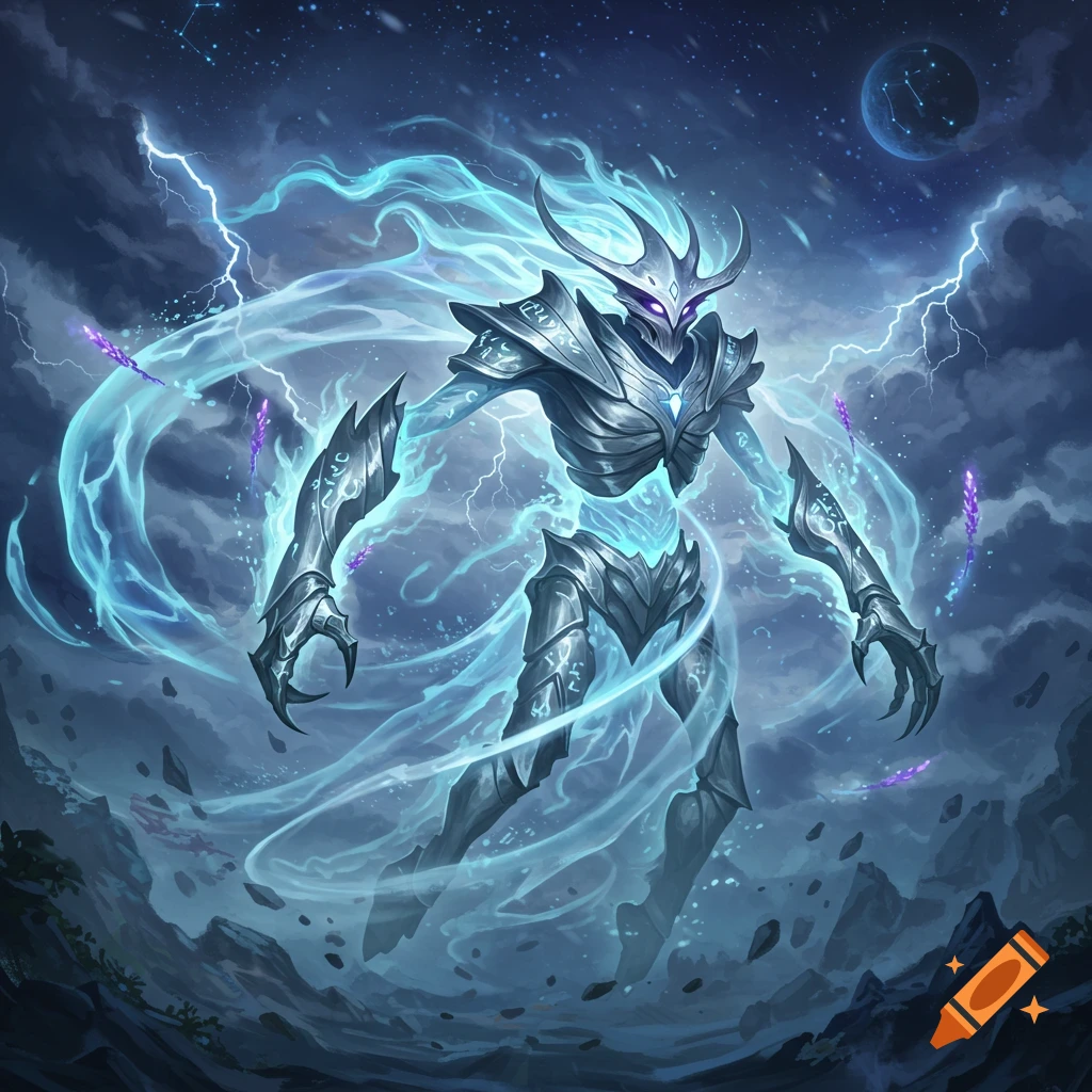 A fantasy elemental monster with silver armor, glowing blue energy, and lightning in a stormy, starry sky with a distant planet.