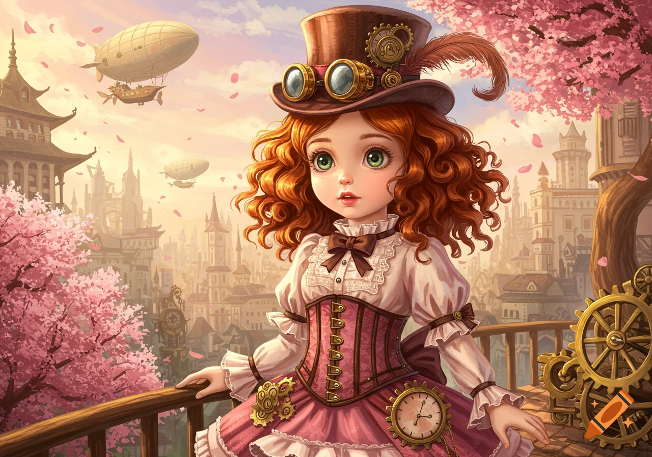 Cute red-haired steampunk girl in a pink dress and top hat, overlooking a fantasy city with airships and cherry blossoms.