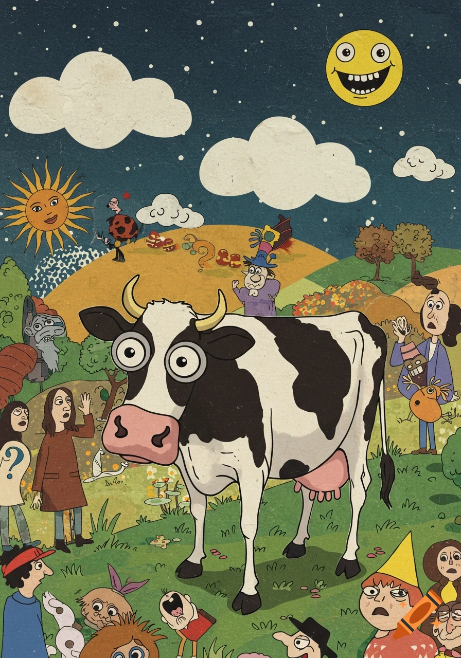 A large, wide-eyed cartoon cow stands in a surreal, hilly landscape filled with quirky characters and objects under a starry sky with a sun and smiling moon. Terry Gilliam style illustration.