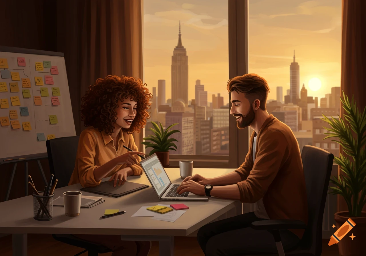 An illustrated man and woman work together on a laptop in an office with a city skyline at sunset.