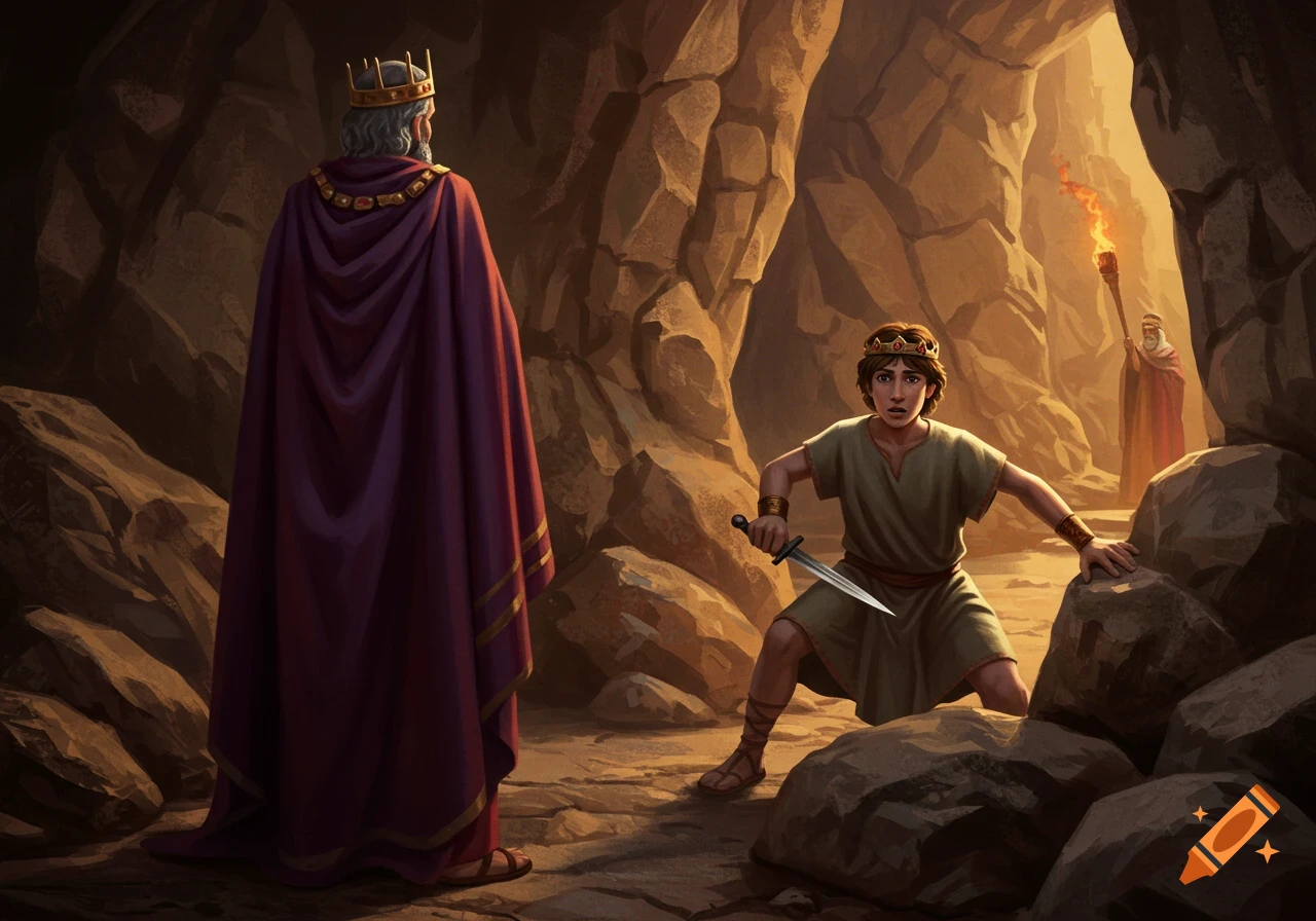 A young man with a dagger watches a king in a purple robe from behind in a cave, while another figure holds a torch.