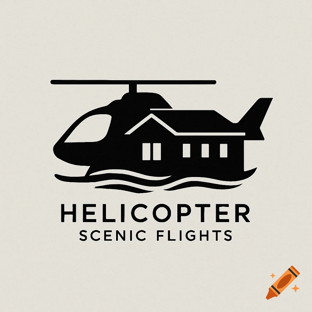 Minimalist black and white logo showing a helicopter with a house integrated into its body, over waves, with text 'HELICOPTER SCENIC FLIGHTS'.
