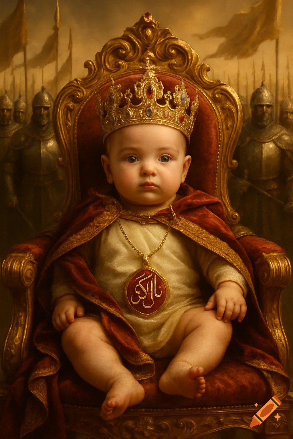 A baby king sits on a golden throne, wearing a crown, red cloak, and a golden pendant, with an army in shining armor in the background.
