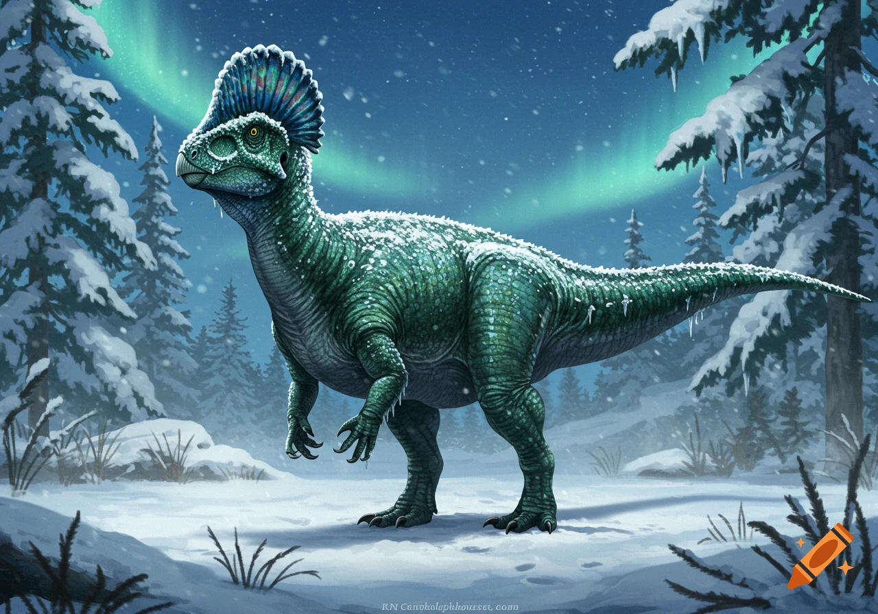 A green Cryolophosaurus with a blue crest stands in a snowy forest under a green aurora borealis.