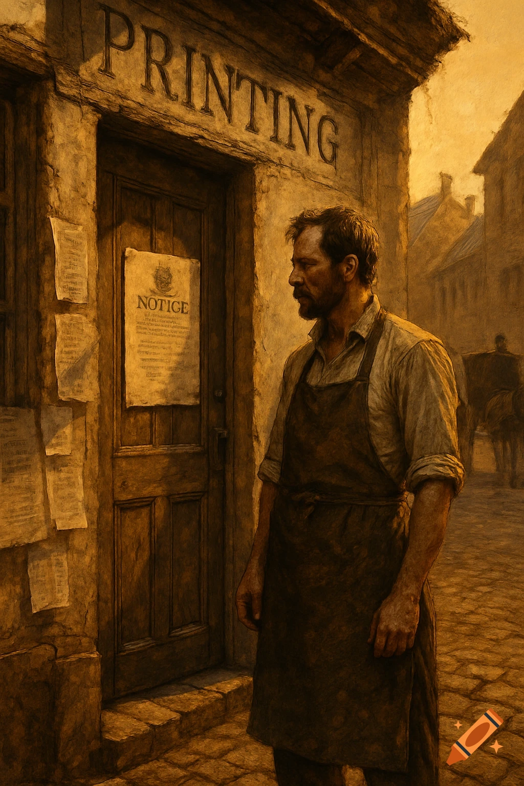 A printer in an apron stands before his shop with "PRINTING" above and a "NOTICE" poster on the door, in a warm, textured, painterly style.
