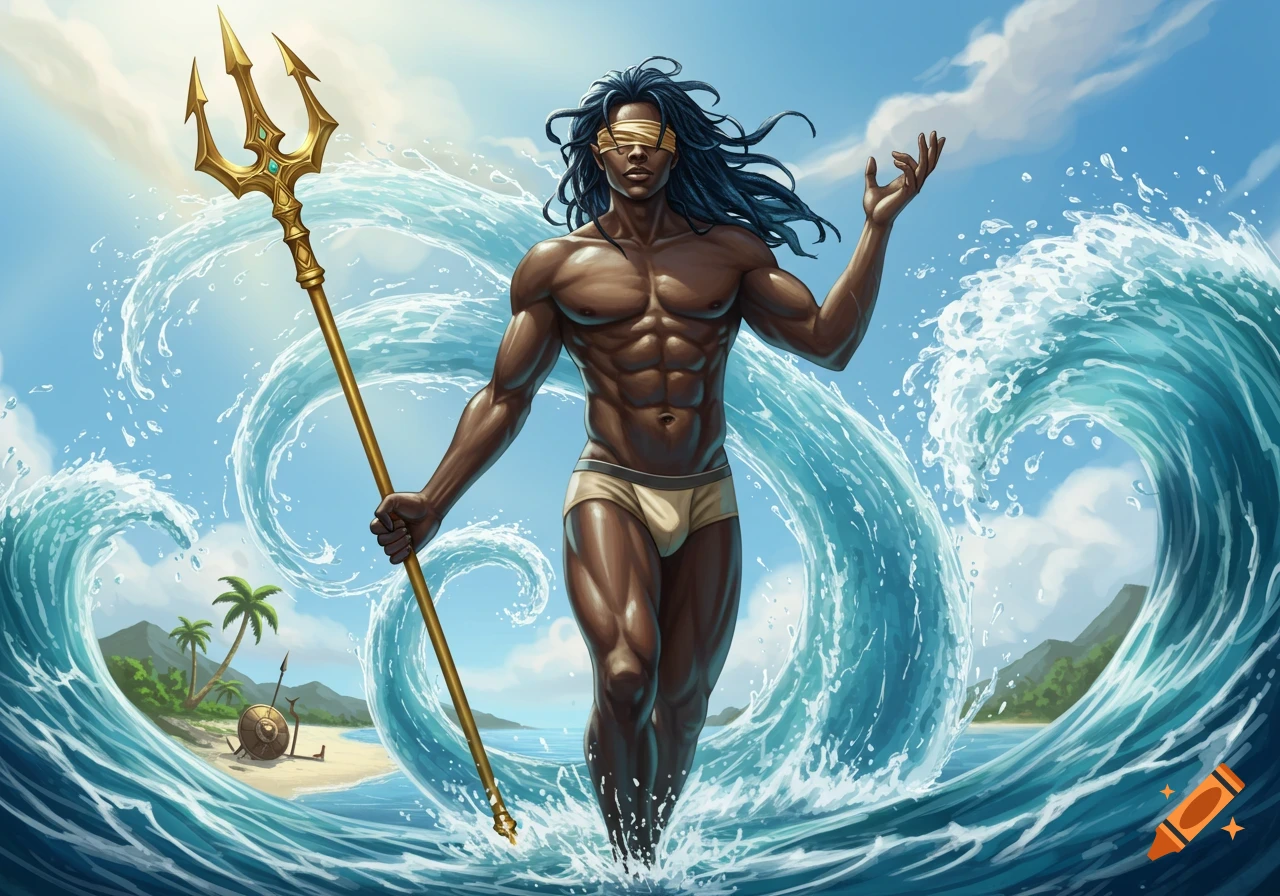 Muscular dark-skinned sea god with a blindfold and blue hair stands in the ocean, holding a trident, with an island in the background. Illustration.