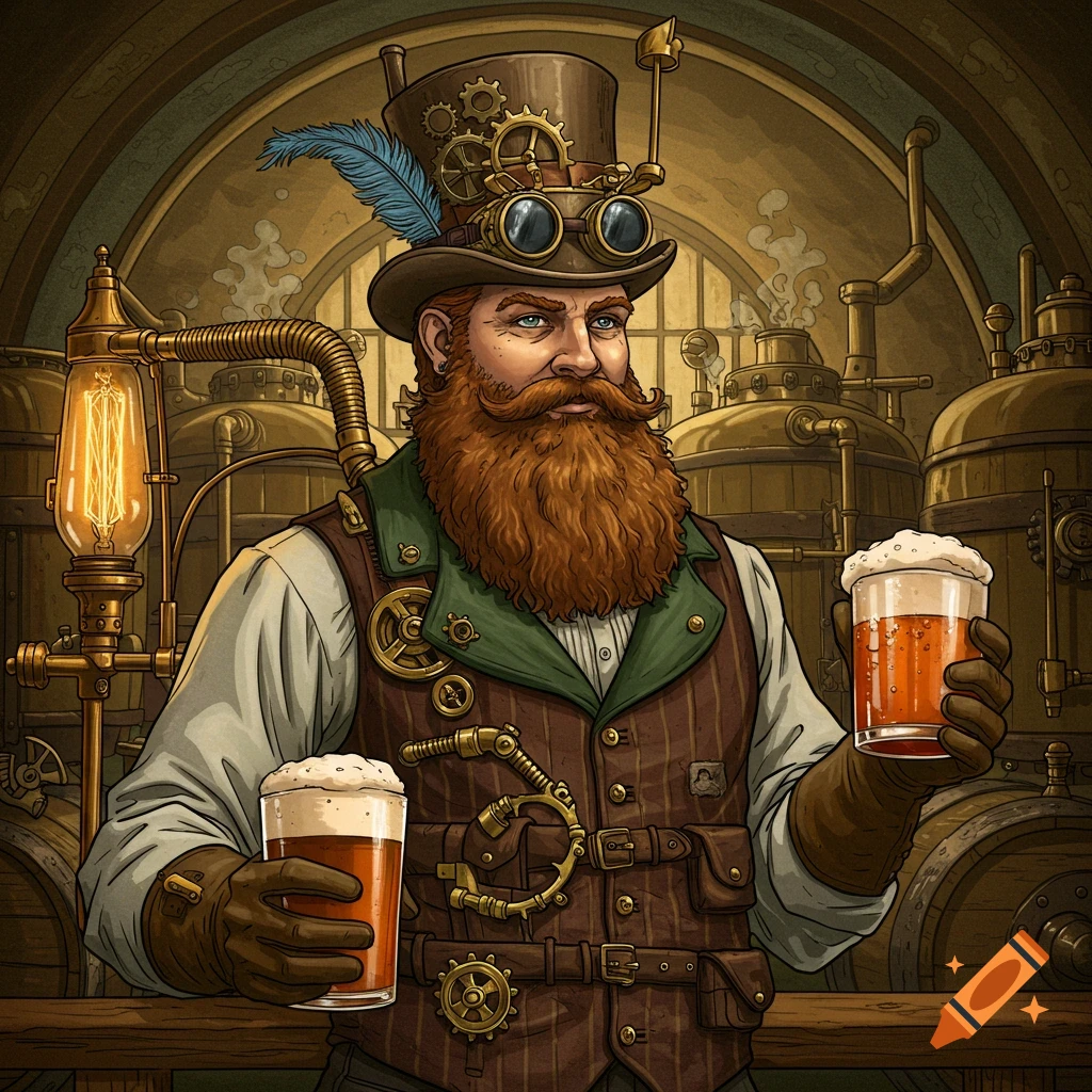 A steampunk man with a large beard, goggles, and top hat holds two mugs of beer in a detailed brewery illustration.