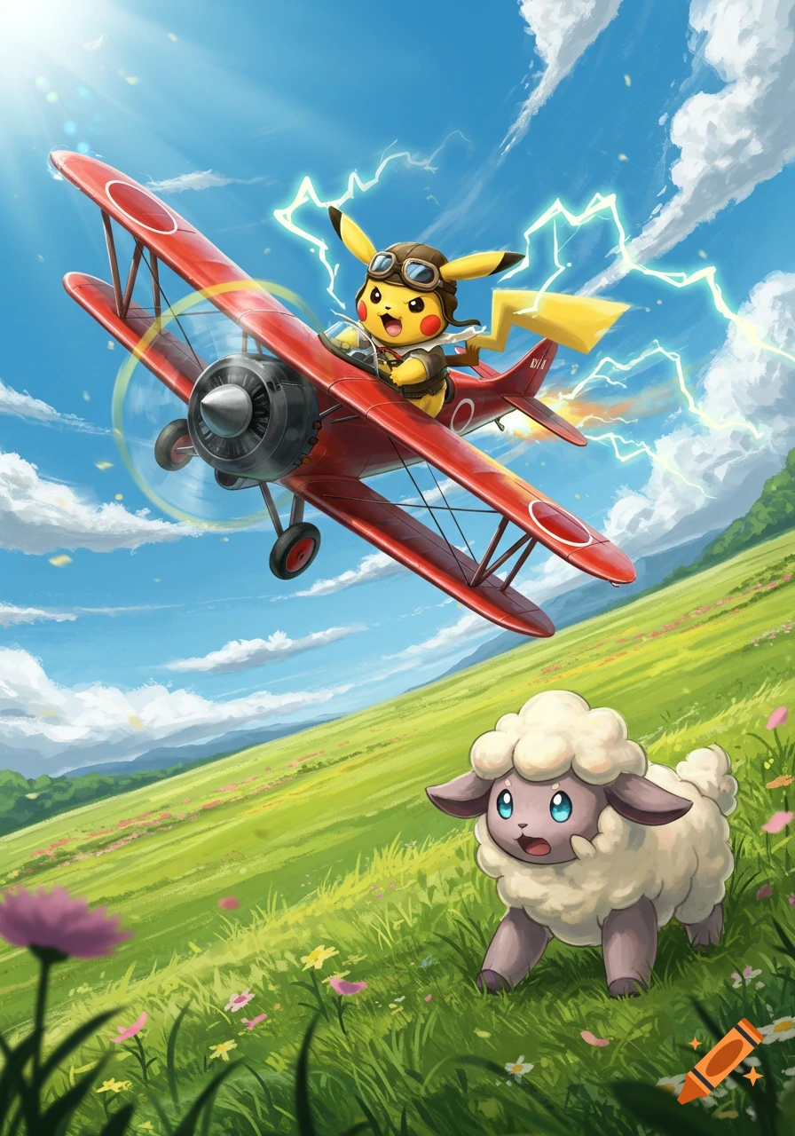 Pikachu in pilot gear flies a red biplane with lightning in a grassy field above a surprised, fluffy sheep-like creature.