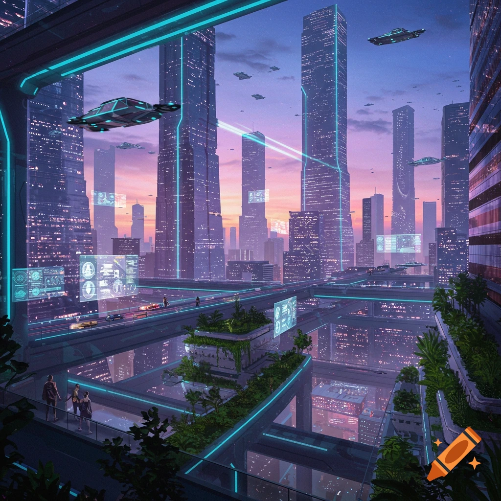 A vibrant futuristic city at dusk with towering skyscrapers, flying vehicles, neon-lit elevated pathways, and lush sky gardens.