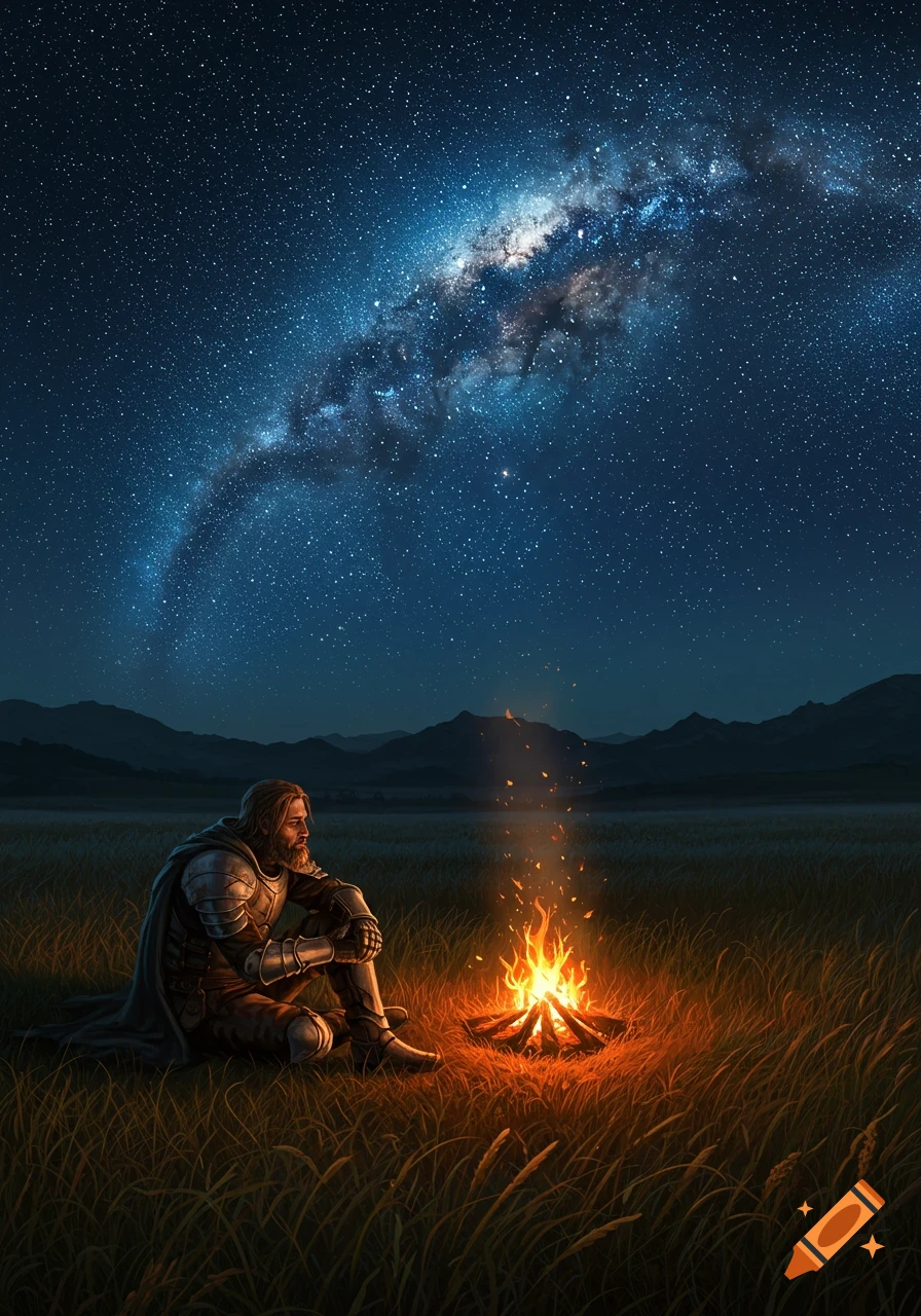 A lone warrior in armor sits by a campfire in a grassy field under a vast, star-filled night sky with the Milky Way.