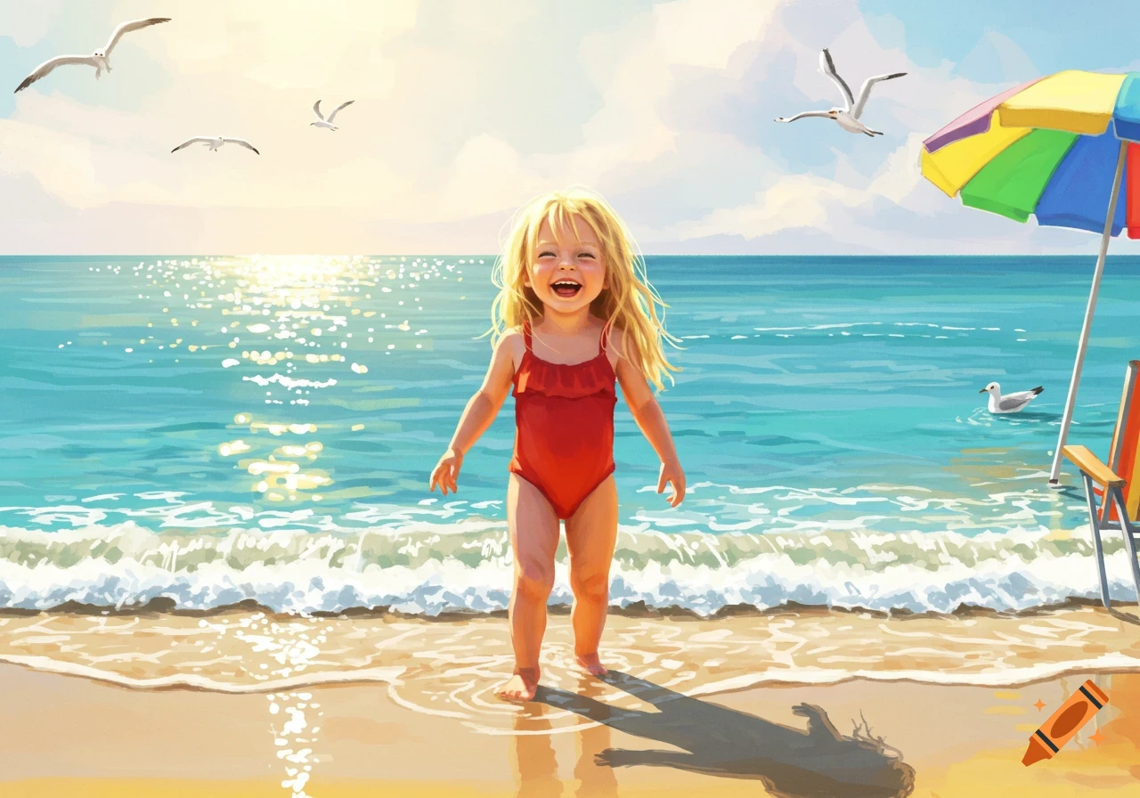 Joyful blonde girl in a red swimsuit stands in shallow ocean water on a sunny beach with seagulls and a colorful umbrella. Illustration.