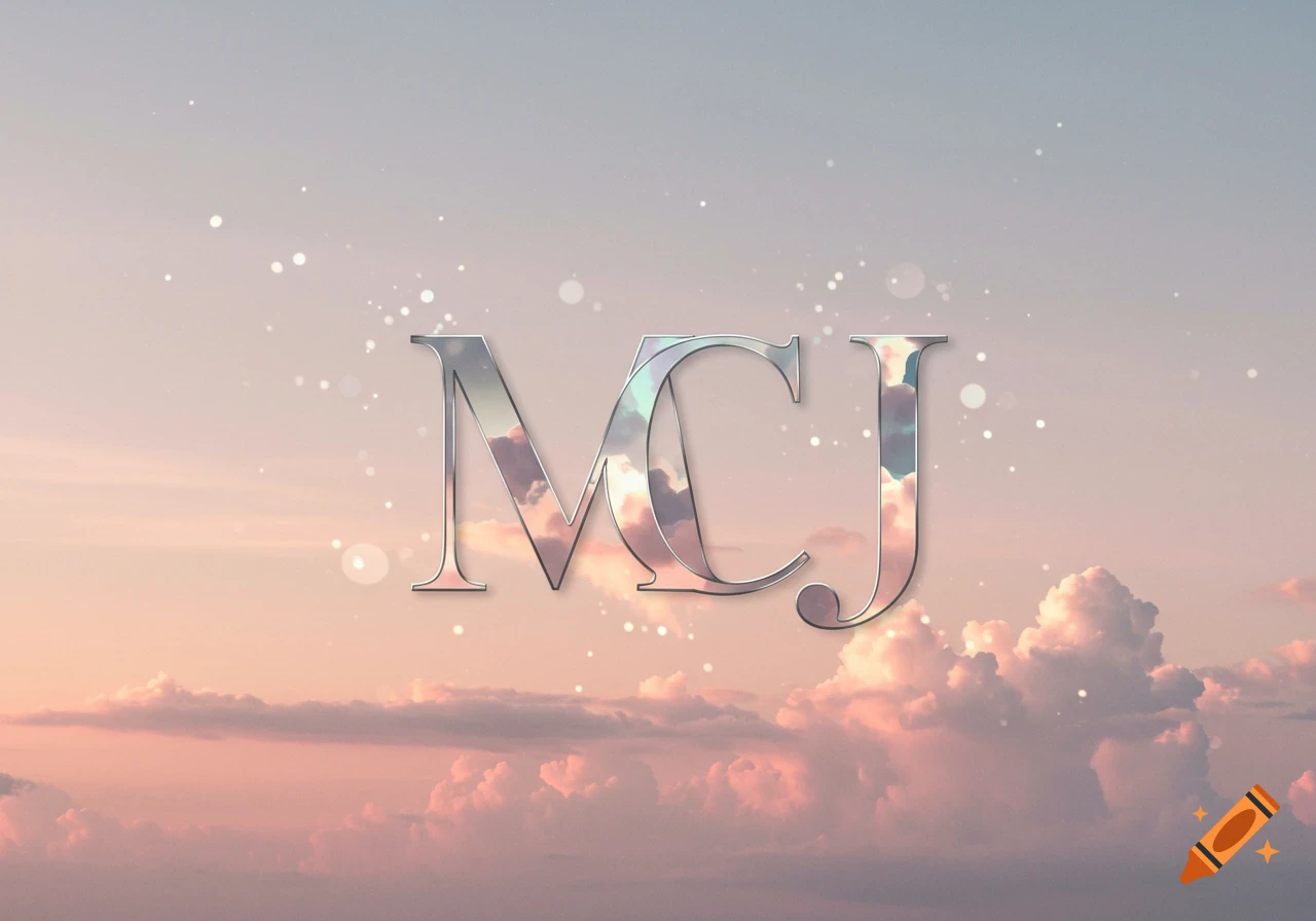 Silver metallic letters MCJ reflecting clouds, set against a pastel pink and blue sky with soft clouds and sparkling effects.