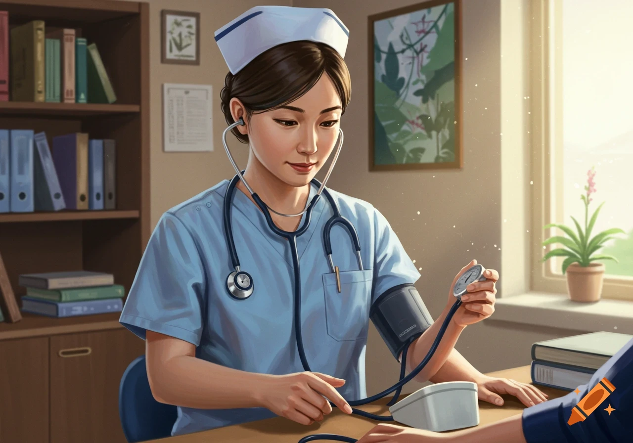 An illustrated nurse in scrubs measures a patient's blood pressure in a medical room with bookshelves and a window.
