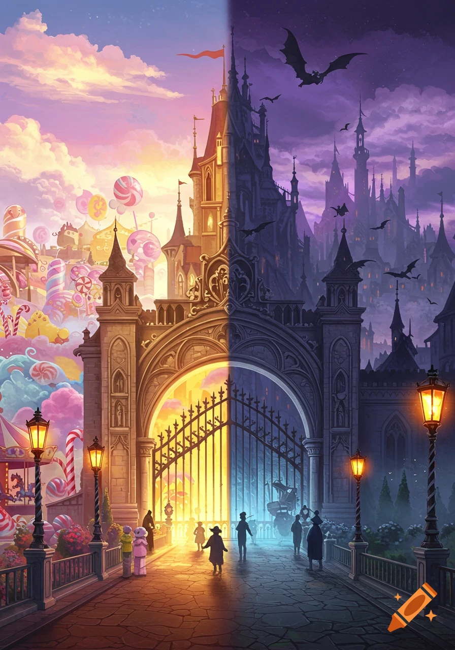 Fantasy illustration of a grand gate dividing a vibrant candy land from a dark, gothic castle landscape.