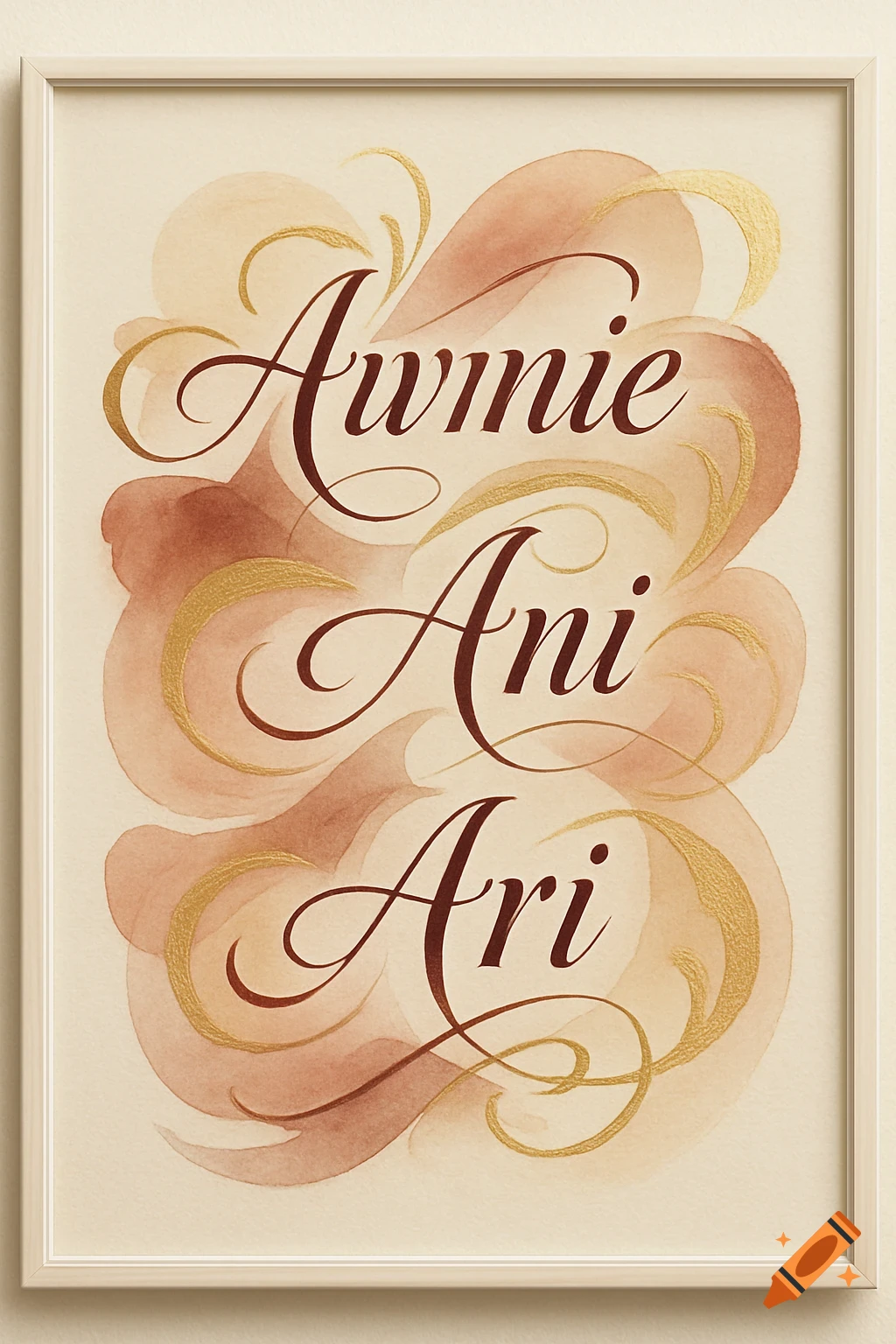 Calligraphy art with names 'Awnie, Ani, Ari' in burgundy and gold on a beige watercolor background, framed.