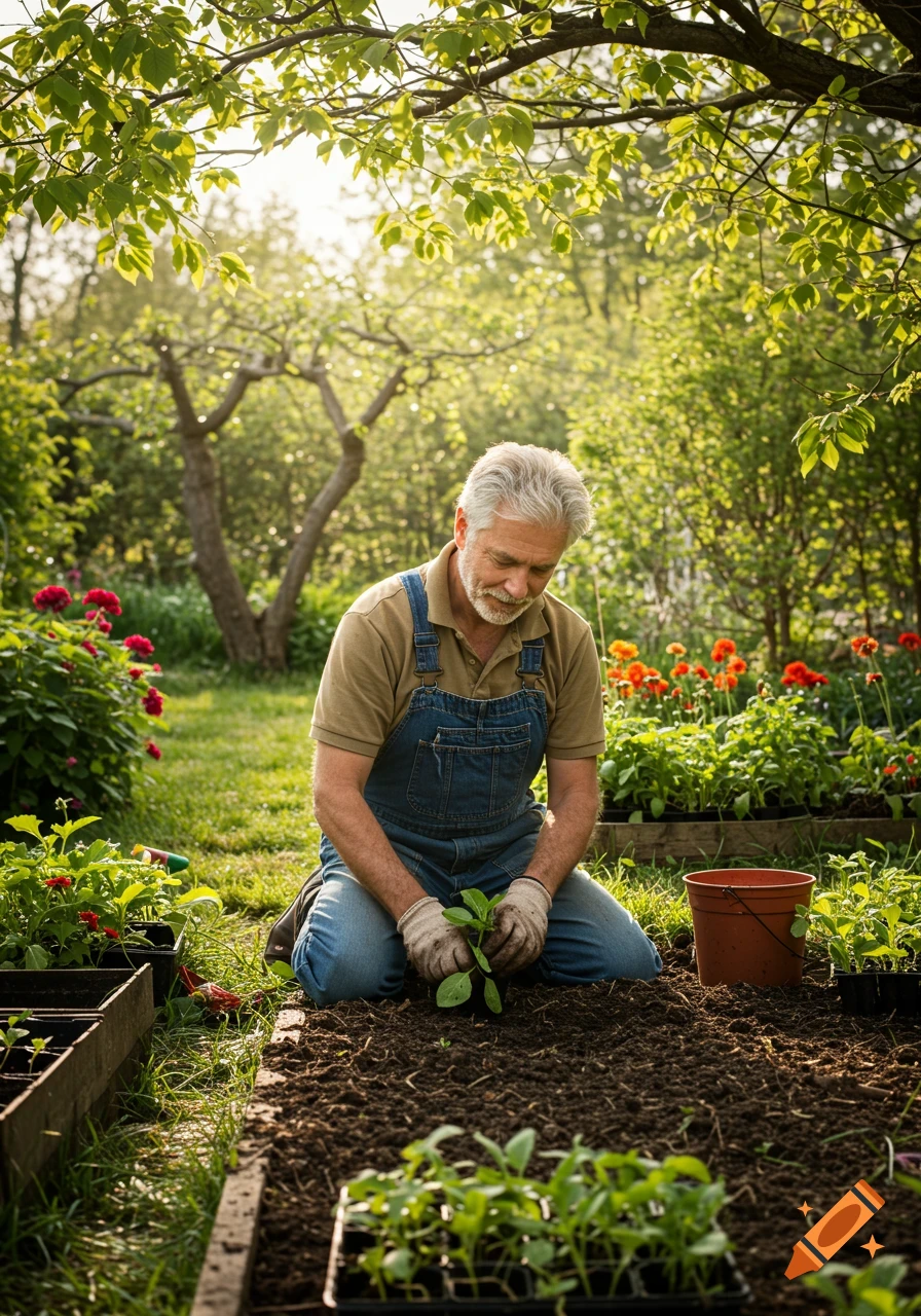 A gray-haired man in denim overalls and gloves kneels in a sunny garden, planting a small green seedling into the soil.