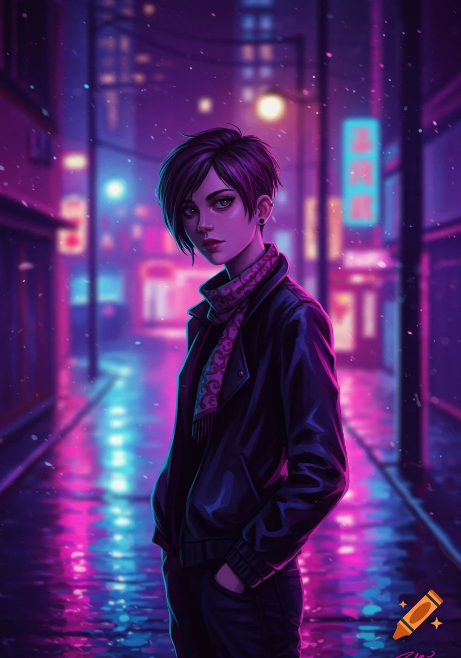 Digital art of a girl with short hair in a leather jacket and scarf, standing in a neon-lit, rainy city street at night.