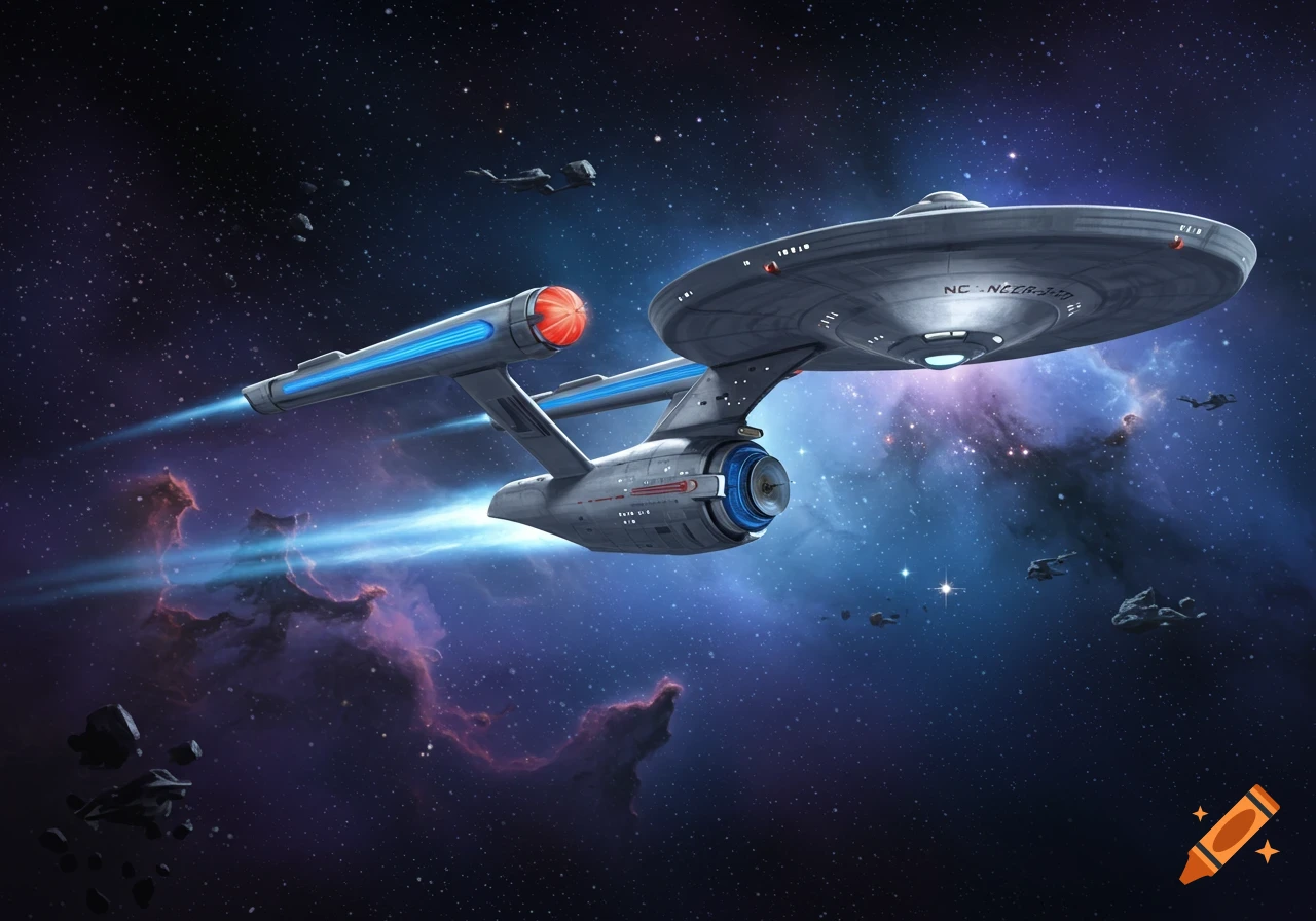 The Starship Enterprise flying through deep space with nebulae and smaller ships in the background. The ship's warp nacelles glow blue.