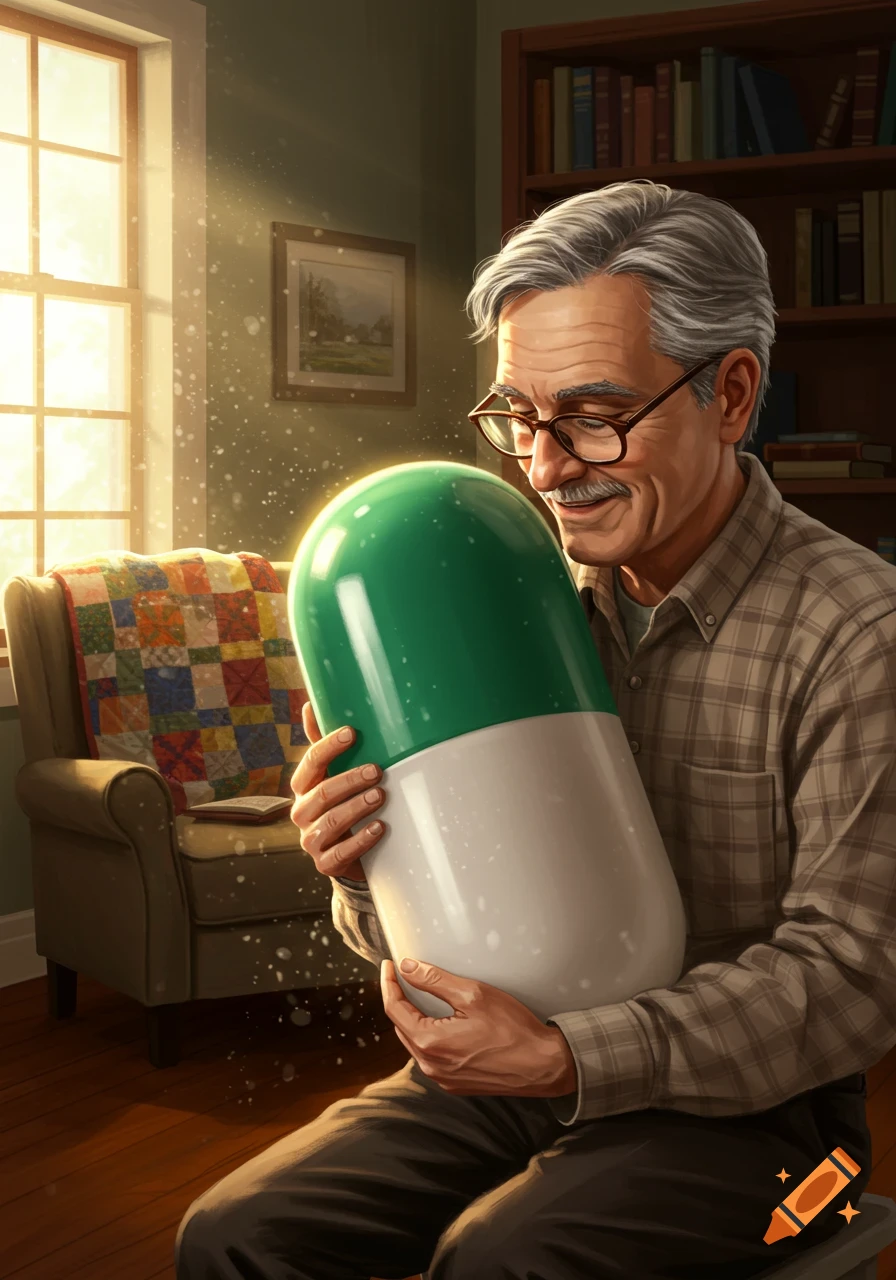 An elderly man with glasses and a mustache smiles, holding a giant green and white pill like a baby in a sunlit room. Realistic illustration.