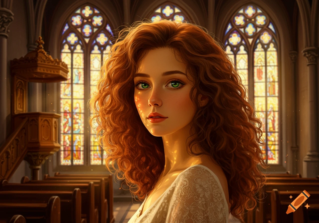 A beautiful woman with long, curly red hair and striking green eyes stands in a sunlit church with stained glass windows.