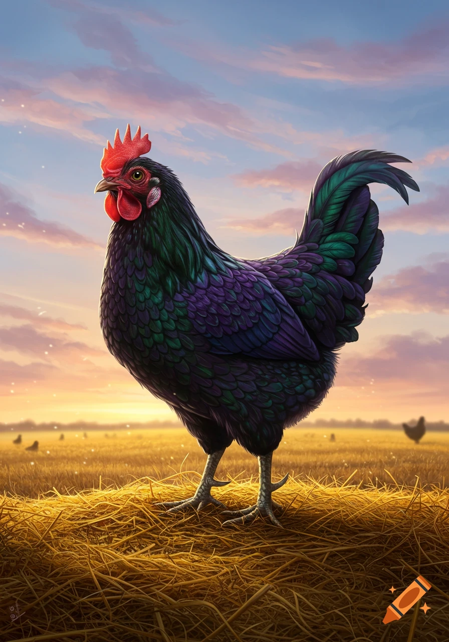 A black rooster with iridescent purple and green feathers stands in a golden hayfield at sunset, with other chickens in the distance.