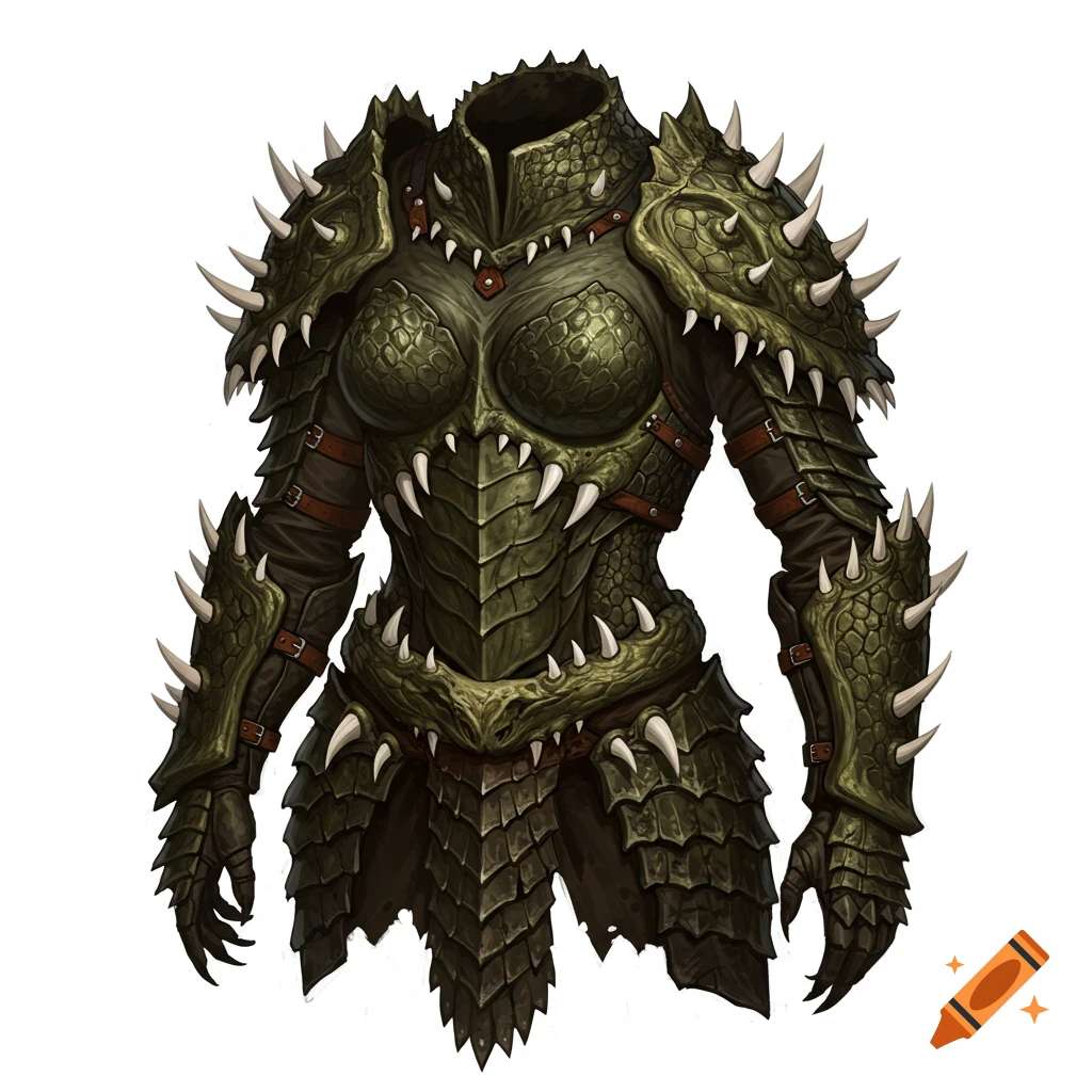 Dark green-brown scaly fantasy armor with sharp white teeth on shoulders, chest, and bracers, on a white background.