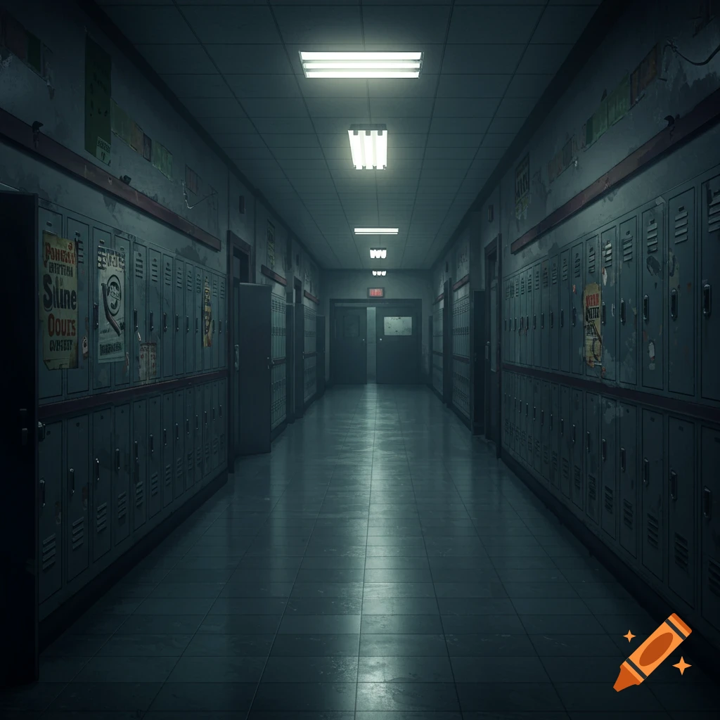 A dimly lit, long school hallway with rows of lockers on both sides. Fluorescent lights illuminate the ceiling, casting reflections on the tiled floor. Posters are visible on the lockers.