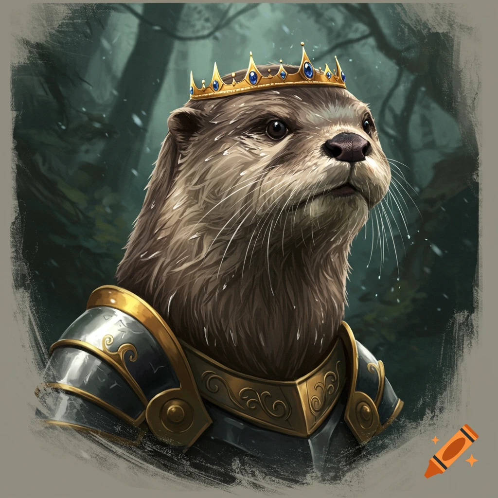 A regal otter in fantasy armor and a golden crown, portrayed in an epic digital painting style against a dark forest background.