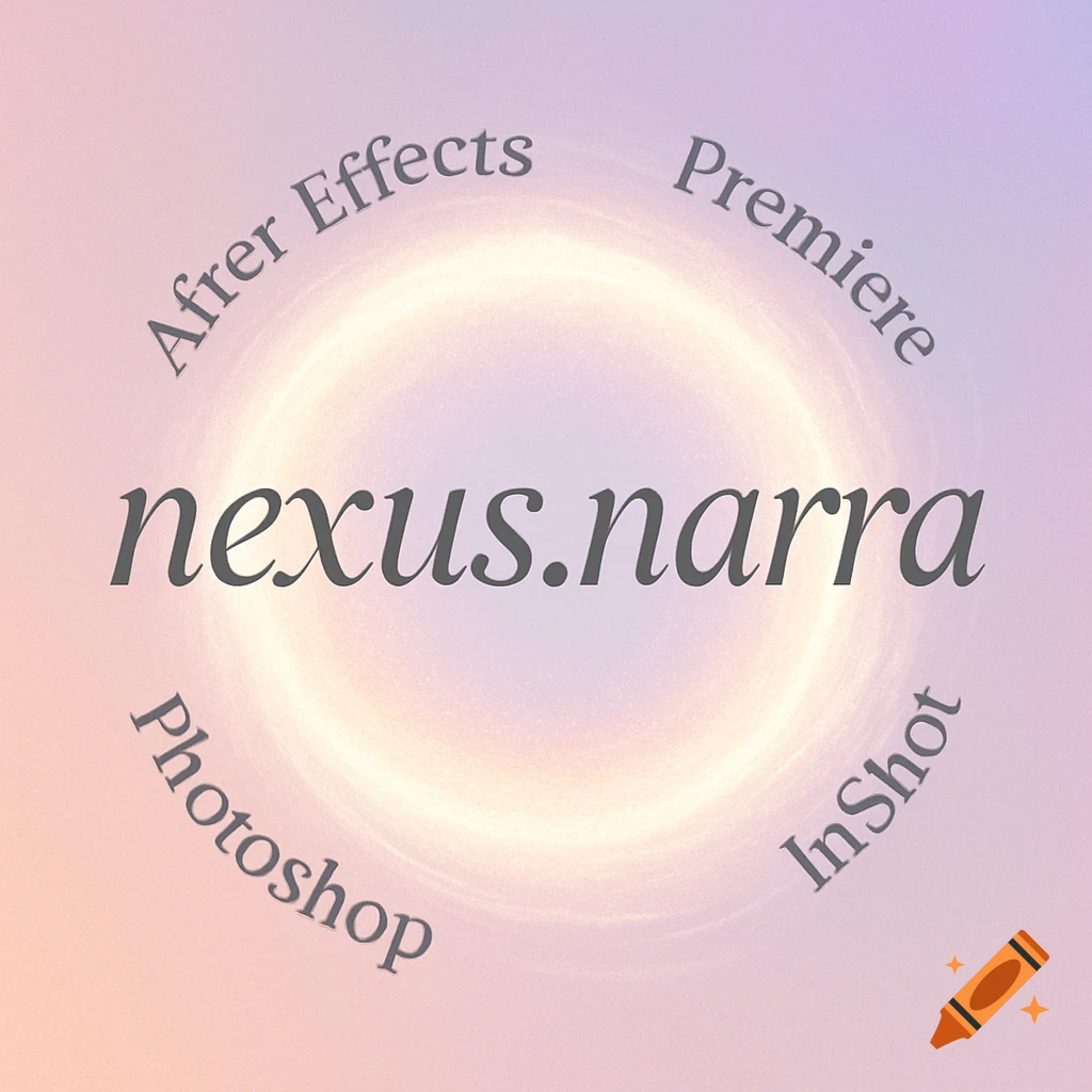 A stylized purple and orange gradient background with a central glowing white ring. The text "nexus.narra" is in the center, with software names "Afrer Effects", "Premiere", "Photoshop", and "InShot" curved around the ring.