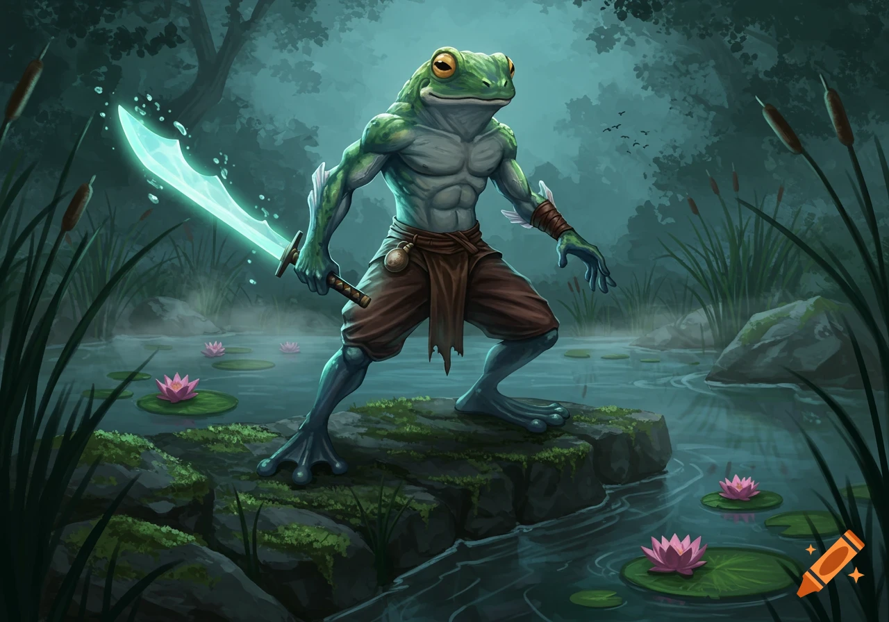 A muscular frog-humanoid warrior stands in a misty swamp, holding a glowing teal sword. Water lilies float on the water.