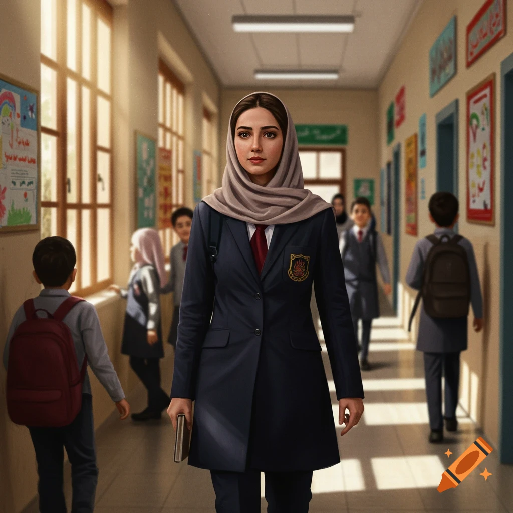 A woman in a headscarf and navy uniform walks down a sunlit school hallway with students.