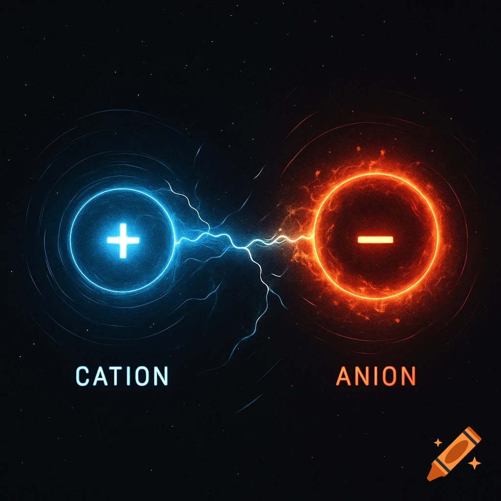 A blue glowing cation with a plus sign and an orange glowing anion with a minus sign are connected by electricity on a dark background.