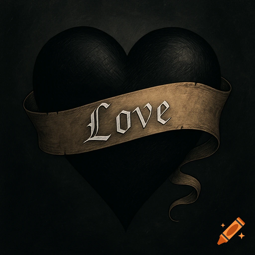 A dark, textured black heart with a brown banner across its center, displaying the word 'Love' in an old-English script.