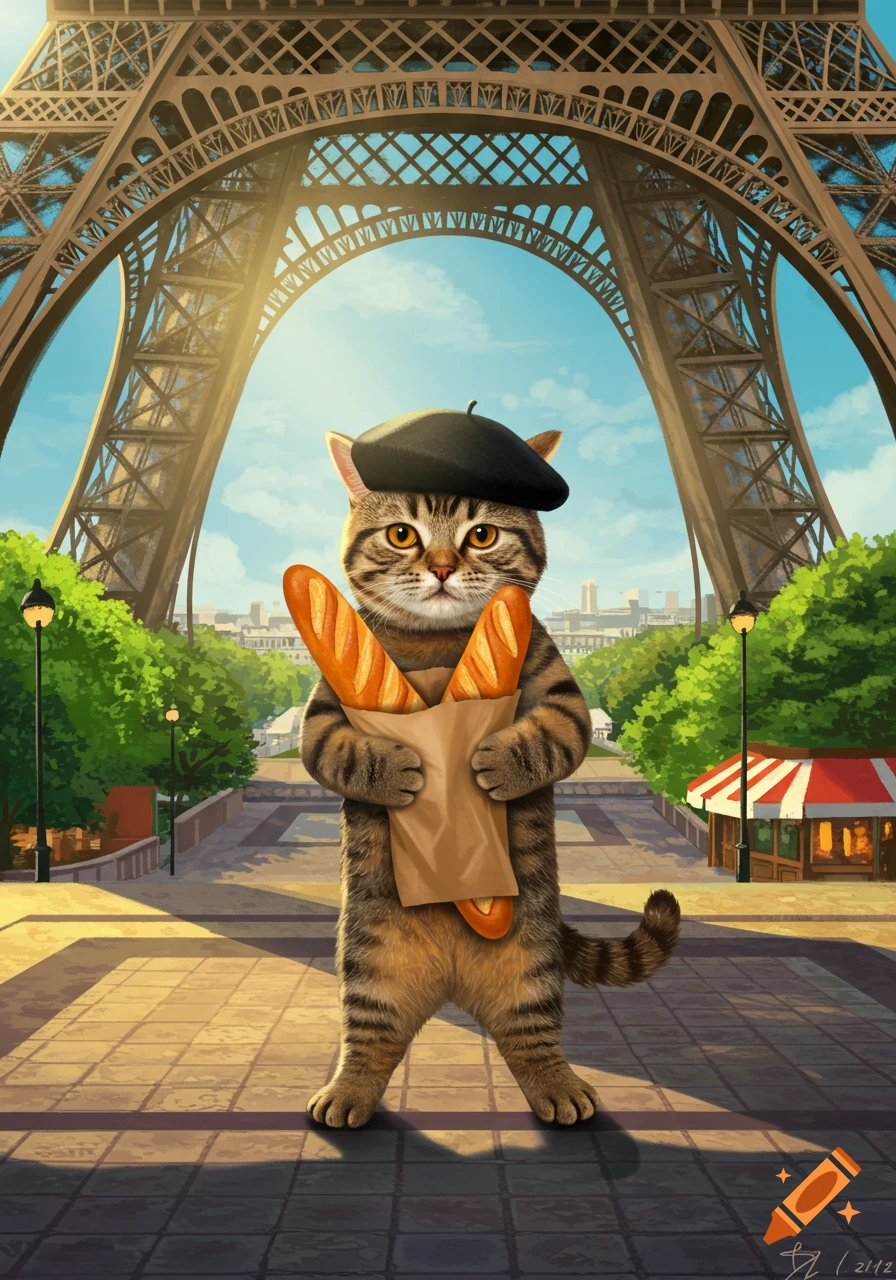 An anthropomorphic tabby cat wearing a beret holds baguettes in a paper bag while standing under the Eiffel Tower in a colorful illustration.