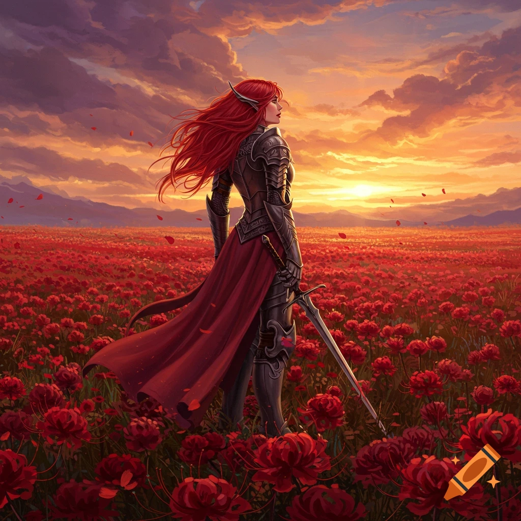 Malenia, a red-haired warrior in dark armor, stands with a sword in a vast field of scarlet flowers at sunset, rendered in an oil painting style.