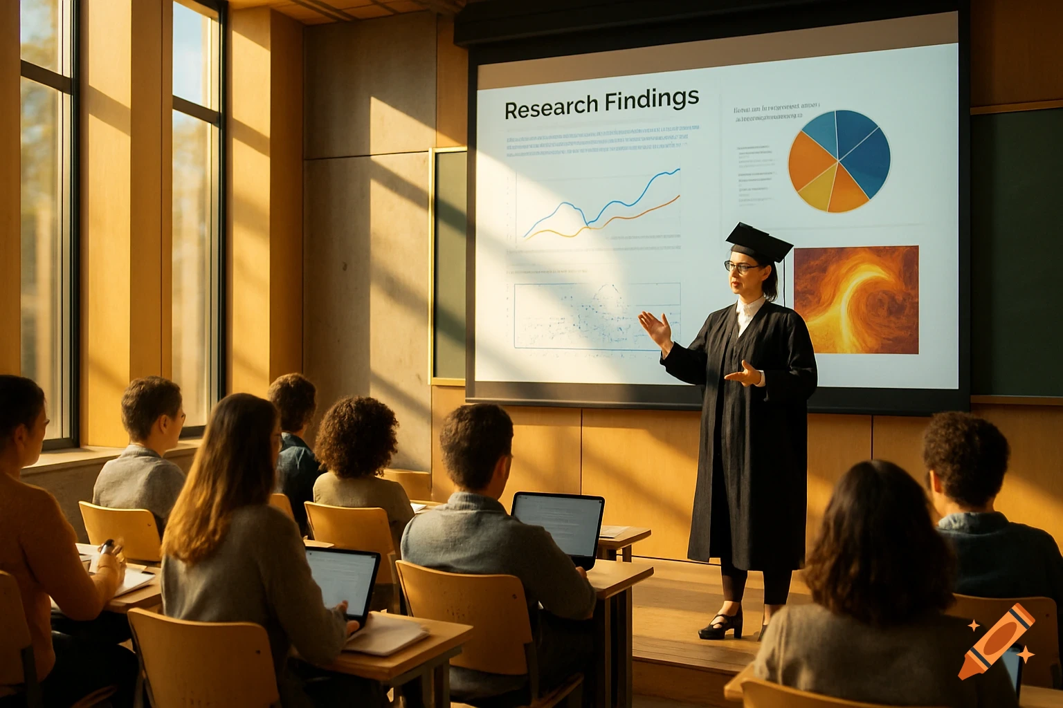 A person in a graduation gown presents research findings on a projector screen to a class of students in a sunlit lecture hall.