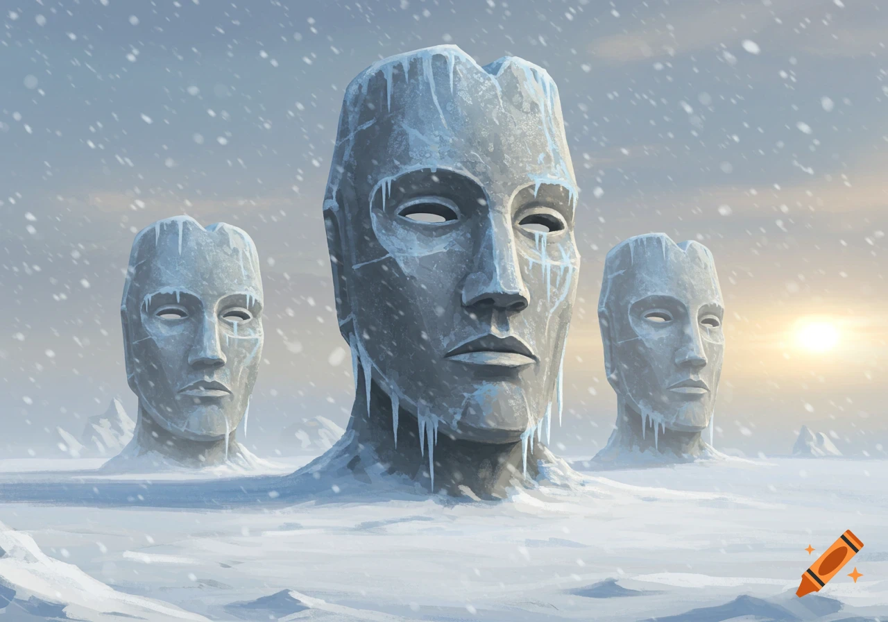 Three giant ice-covered stone masks with icicles in a snowy, barren landscape with a soft sun in the background.