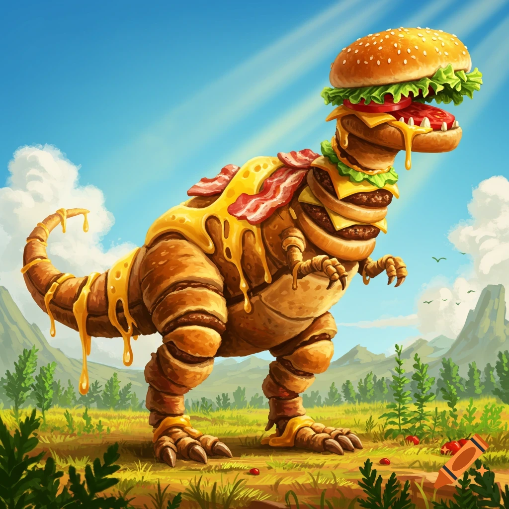 A vibrant, stylized burger dinosaur with buns, patties, cheese, and bacon for a body, standing in a grassy field.