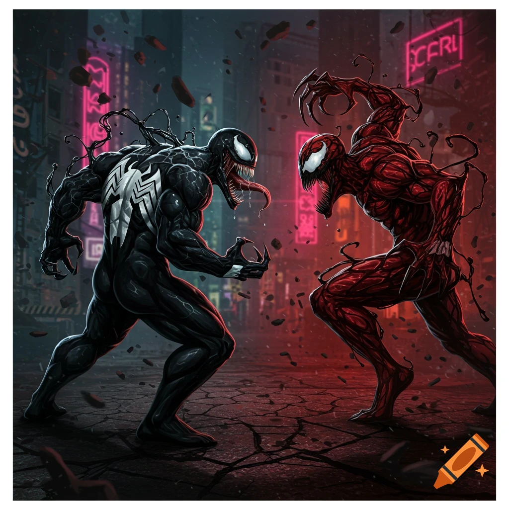 Venom and Carnage, two alien symbiotes, face off in a dark, neon-lit city street in a dynamic comic book illustration.