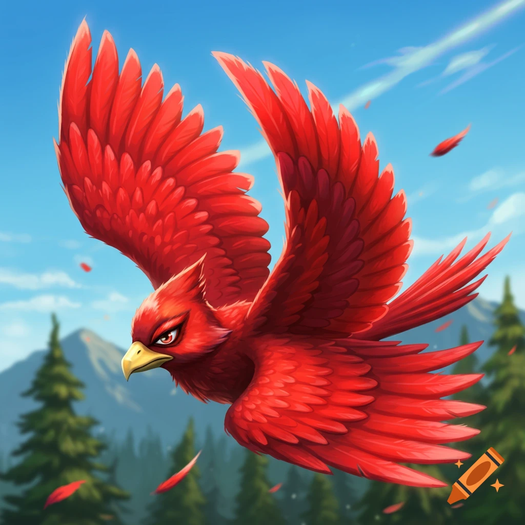 A stylized red bird with spread wings flies over a forest and mountains under a blue sky, resembling Falco from Star Fox.
