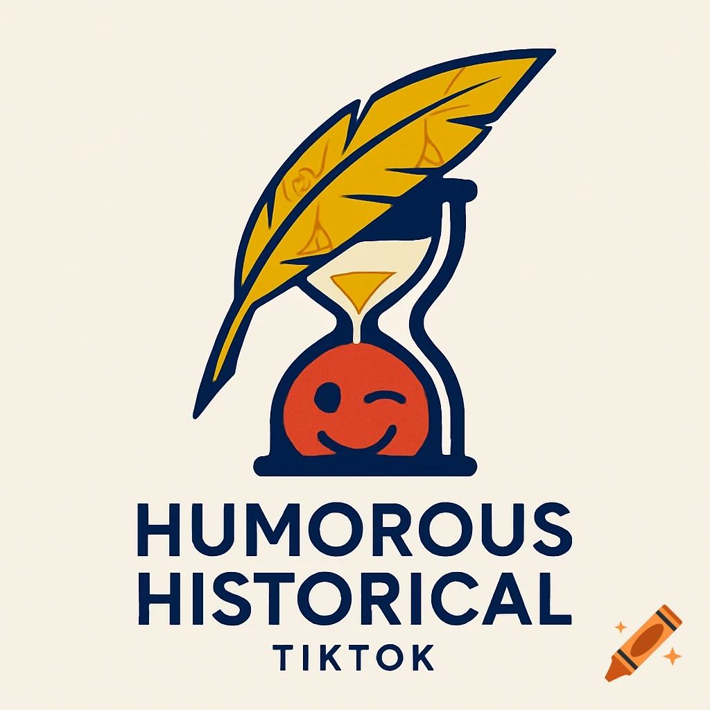 A graphic logo with a yellow quill pen over an hourglass with a winking orange emoji, text reads 'HUMOROUS HISTORICAL TIKTOK'.