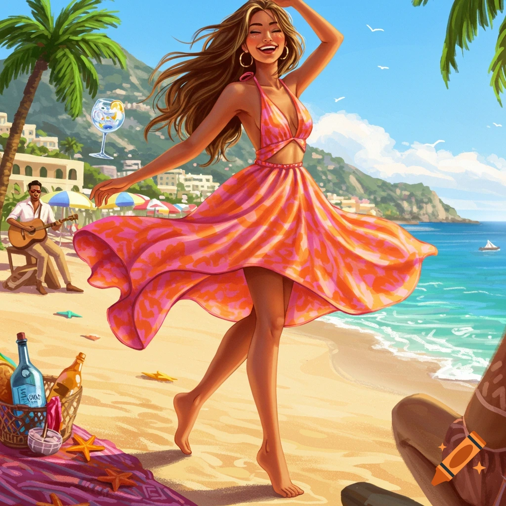 A happy woman in a pink and orange dress dances barefoot on a sunny beach, with a man playing guitar in the background. Illustrated style.