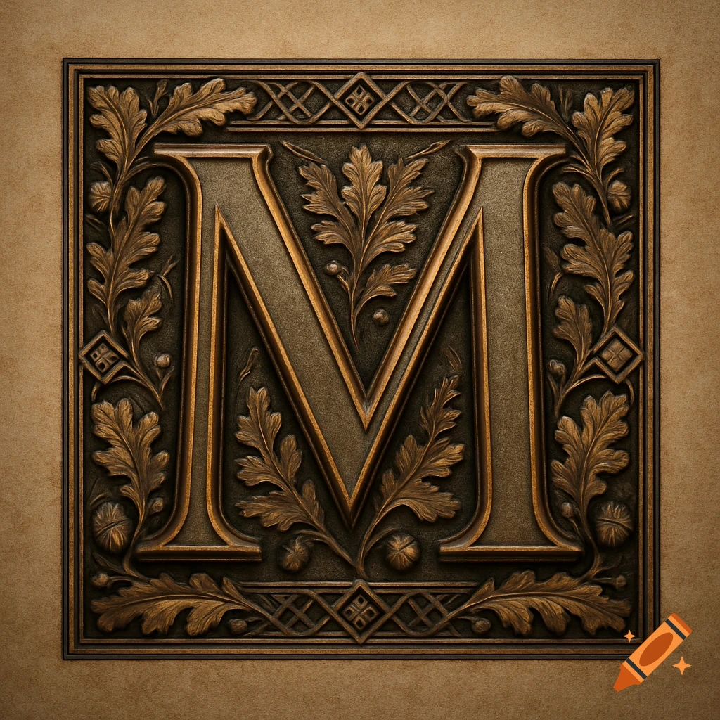 Highly ornate bronze capital letter M framed by intricate foliage and geometric patterns.